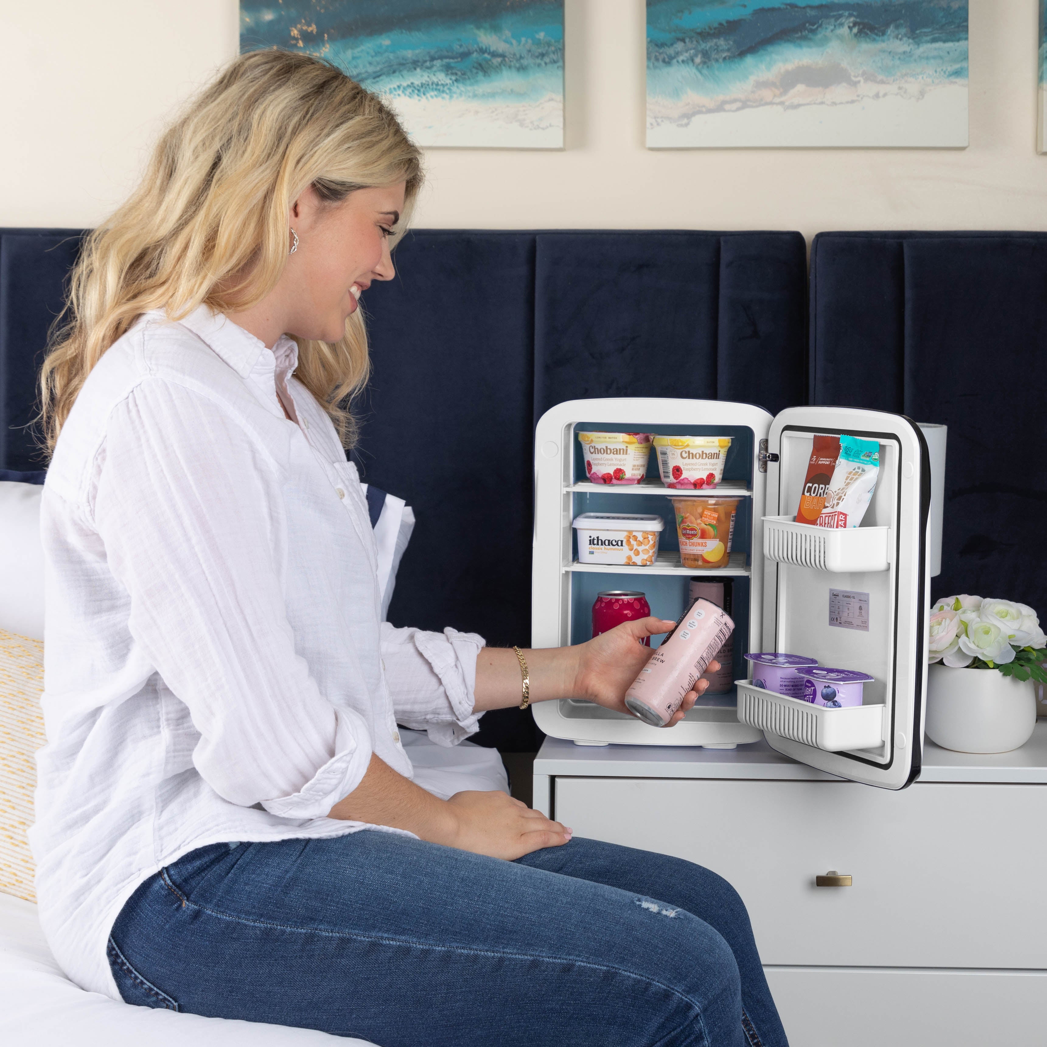 cooluli classic 15 liter white portable mini fridge door